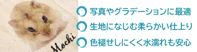 写真やグラデーションに最適・生地になじむ柔らかい仕上り・色褪せしにくく水濡れも安心