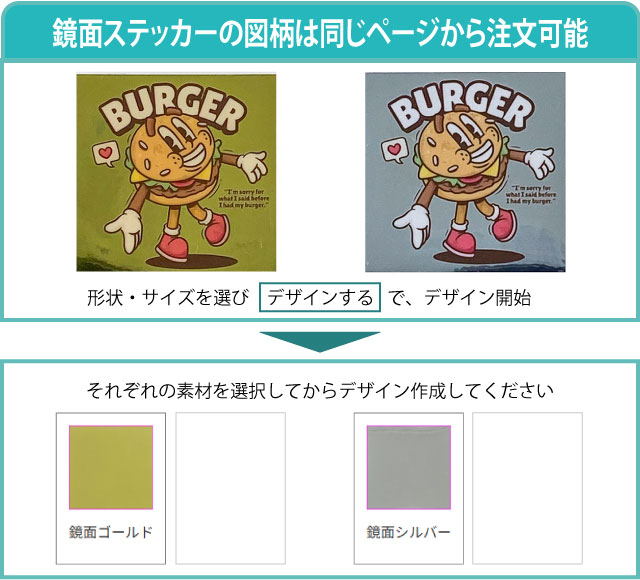 ホログラム・鏡面ステッカーは同一ページからご注文可能です。 デザイン開始時に、それぞれの素材（ホログラム／鏡面）を選択してから作成してください。