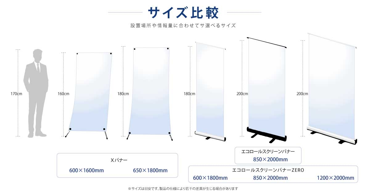 幅600×高さ1600mm 幅600×高さ1800mm 幅650×高さ1800mm 幅850×高さ2000mm 幅1200×高さ2000mm