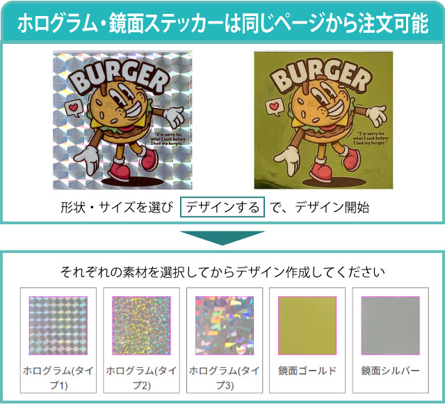 ホログラム・鏡面ステッカーは同一ページからご注文可能です。 デザイン開始時に、それぞれの素材（ホログラム／鏡面）を選択してから作成してください。