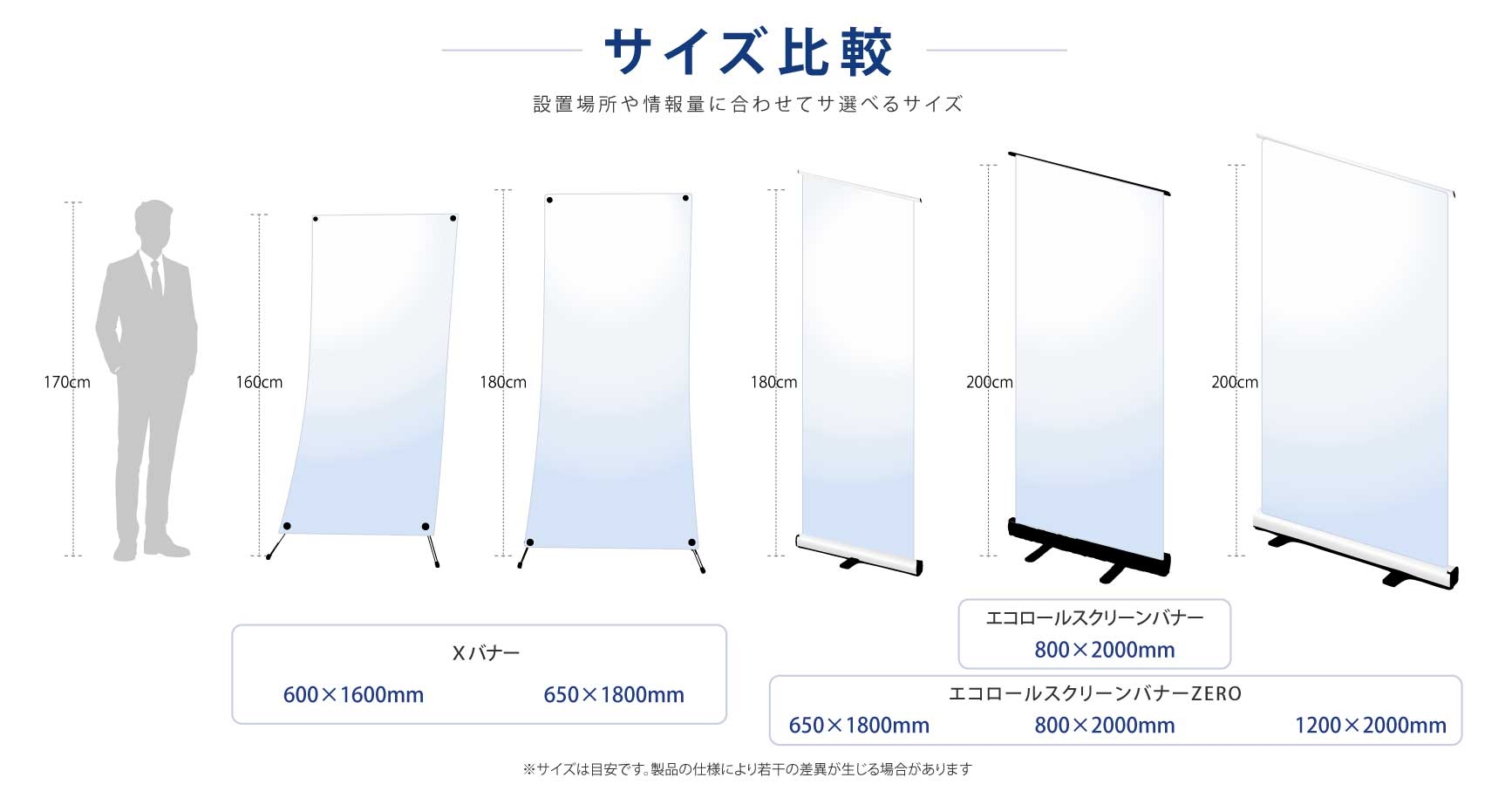 幅600×高さ1600mm 幅600×高さ1800mm 幅650×高さ1800mm 幅850×高さ2000mm 幅1200×高さ2000mm