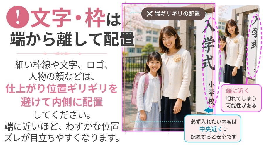 文字・枠は端から離して配置 細い枠線や文字、ロゴ、人物の顔などは、仕上がり位置ギリギリを避けて内側に配置してください。端に近いほど、わずかな位置ズレが目立ちやすくなります。
