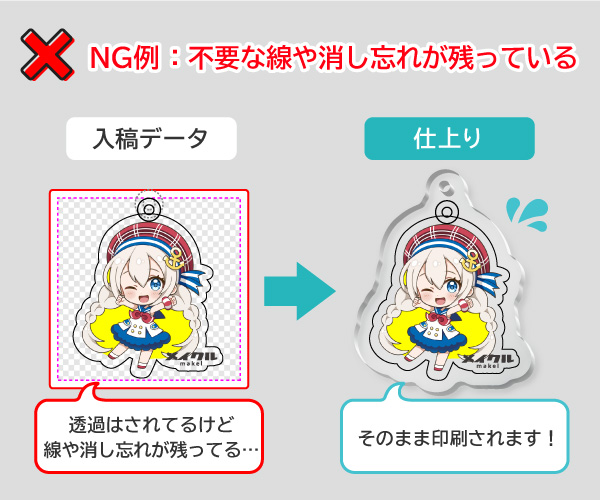 NG例:背景は透過済みだが不要な線や消し忘れが残ったアクリルキーホルダー入稿データ。残ったゴミや線がそのまま印刷される失敗例