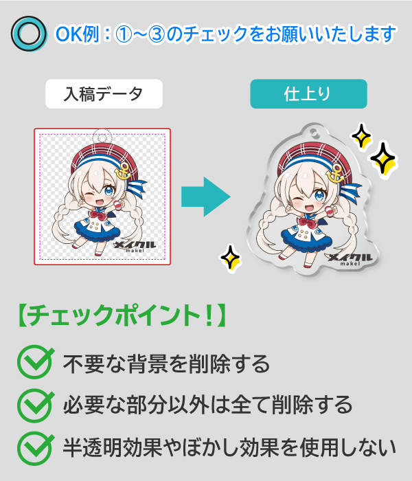 OK例:背景を透過し不要な部分を削除し、半透明・ぼかし効果を使わずに作成したアクリルキーホルダー入稿データの正しい例と3つのチェックポイント