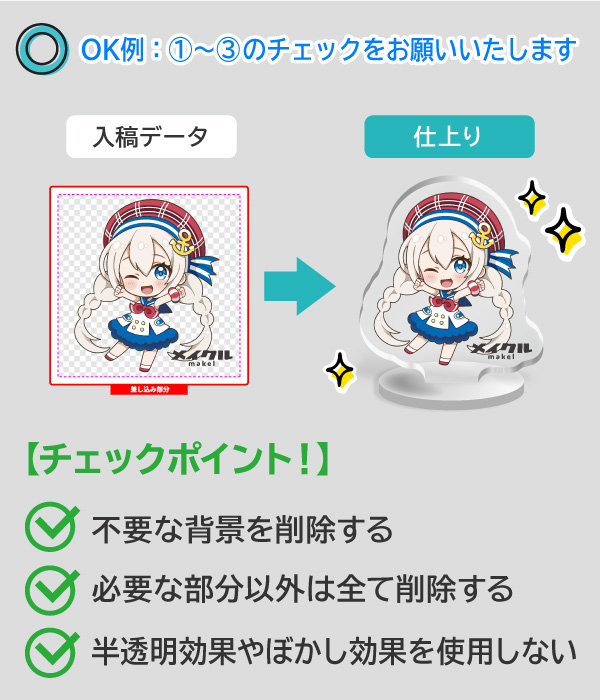 OK例：背景を透過し不要な部分を削除し、半透明・ぼかし効果を使わずに作成したアクリルスタンド入稿データの正しい例と3つのチェックポイント